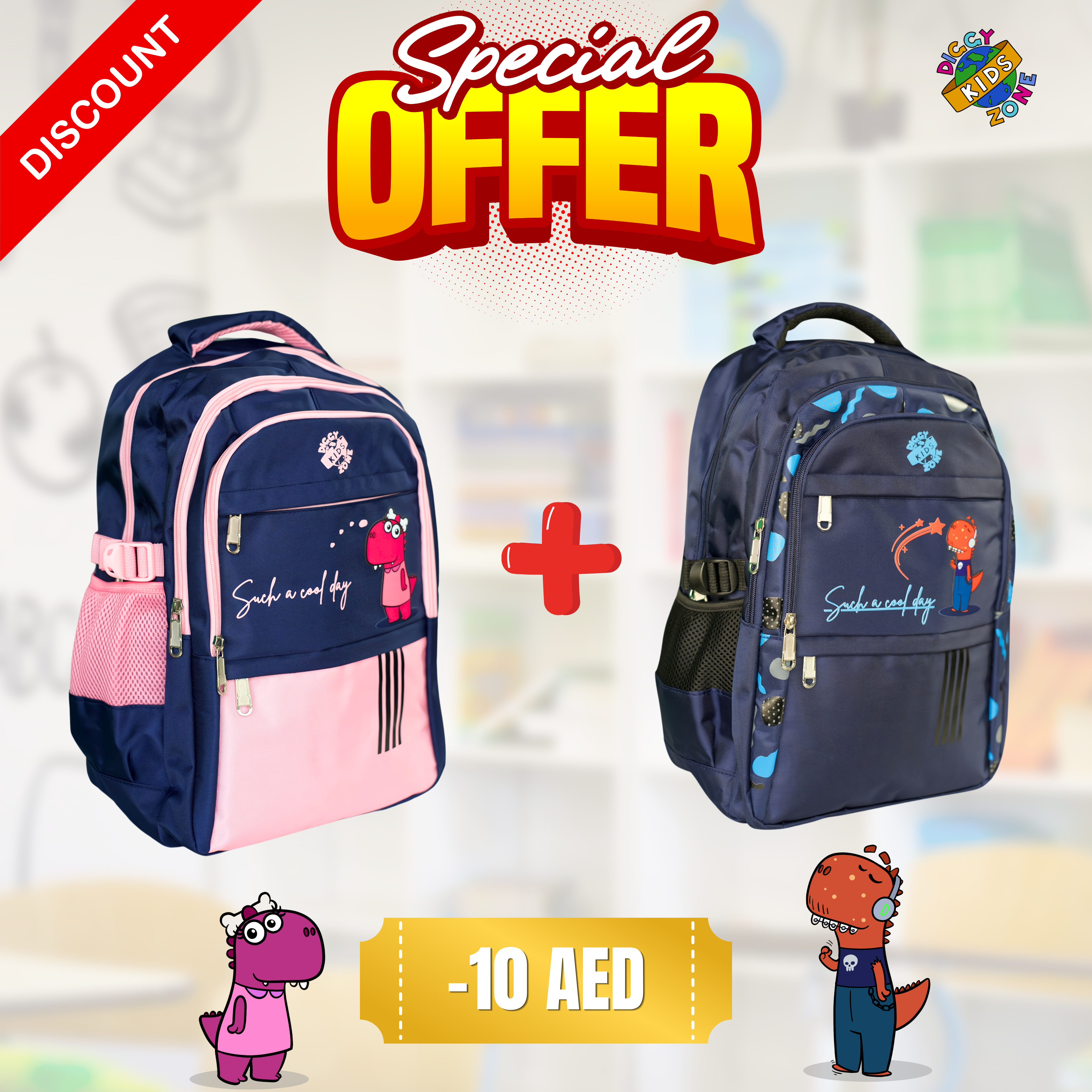 Diggy Kids Backpack Bundle - Navy Blue and Pink & Blue